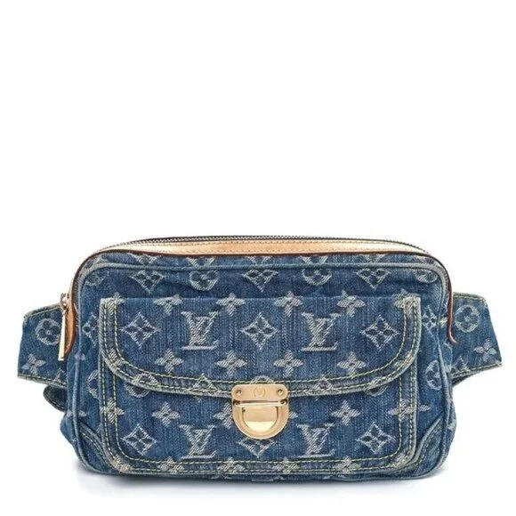 Authentic LOUIS VUITTON Monogram Denim Bum Bag Waist Bag Pouch Blue - Picture 1 of 16